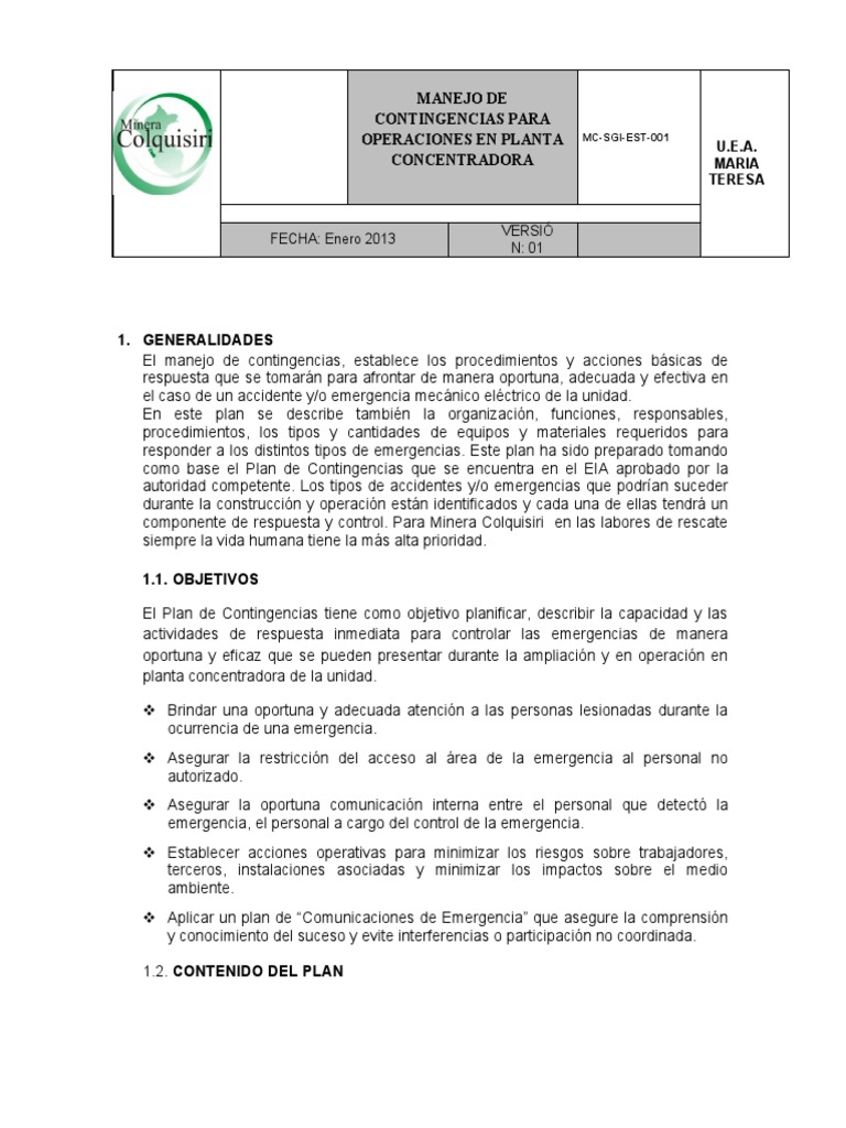 Contingencia en Planta Concentradora | PDF | Hospital | Seguro