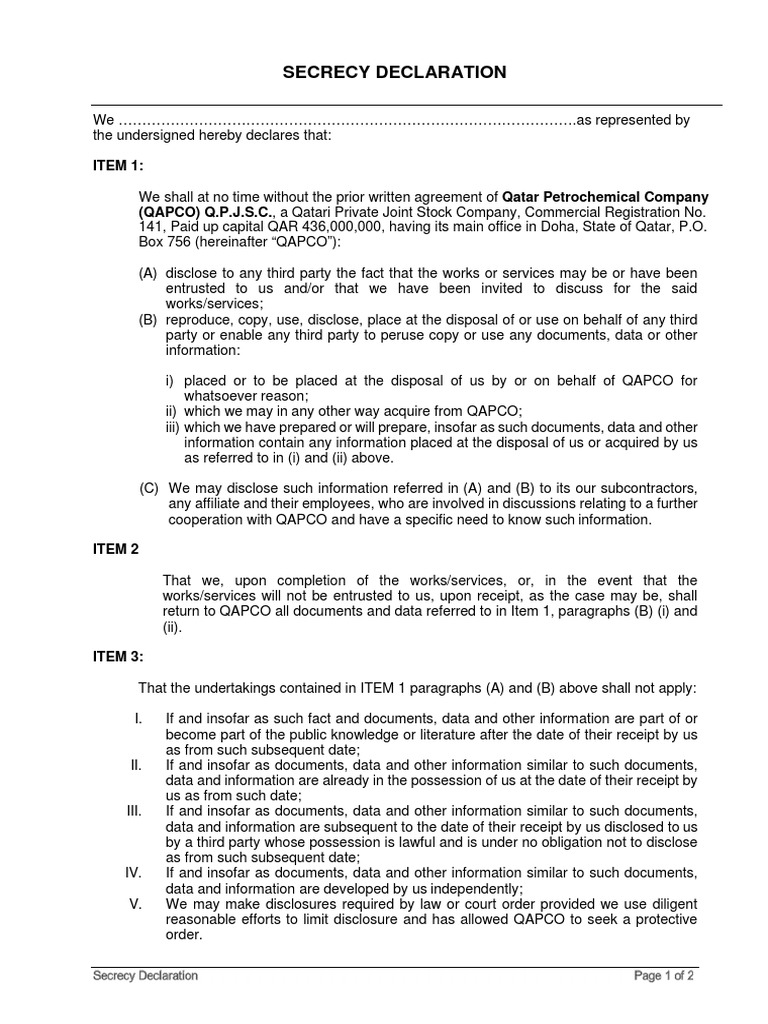 Secrecy Declaration for QAPCO | PDF | Discovery (Law) | Common Law