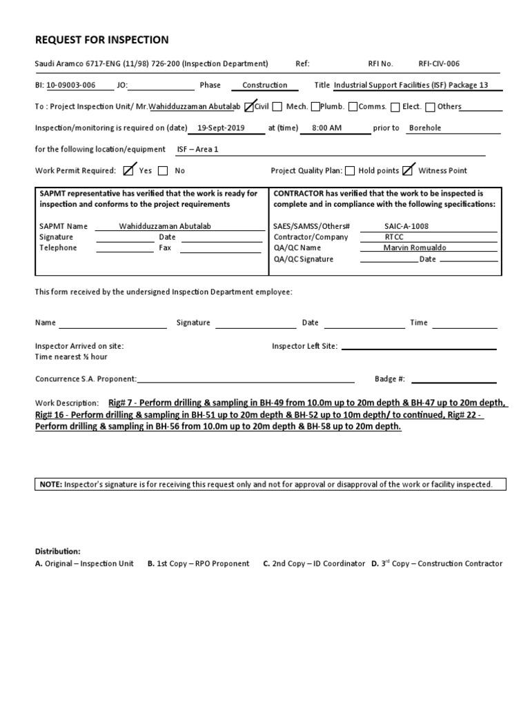 Inspection Request for ISF Package 13 | PDF | Business