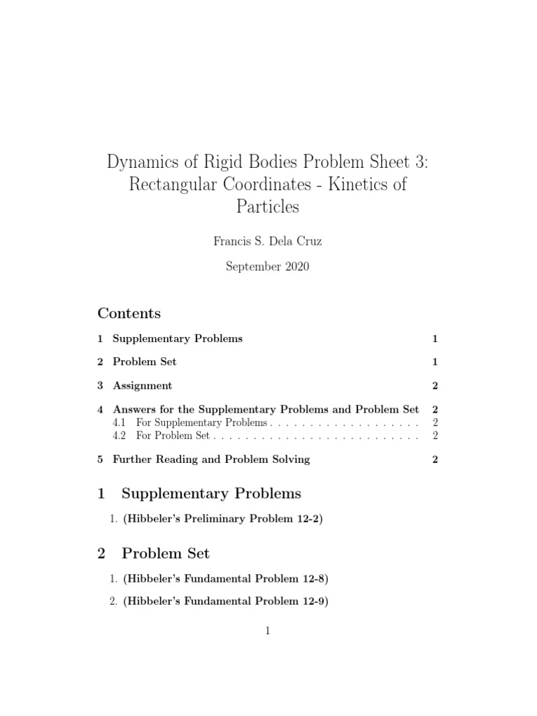 Dynamics Of Rigid Bodies Problem Sheet 3 Rectangular Coordinates