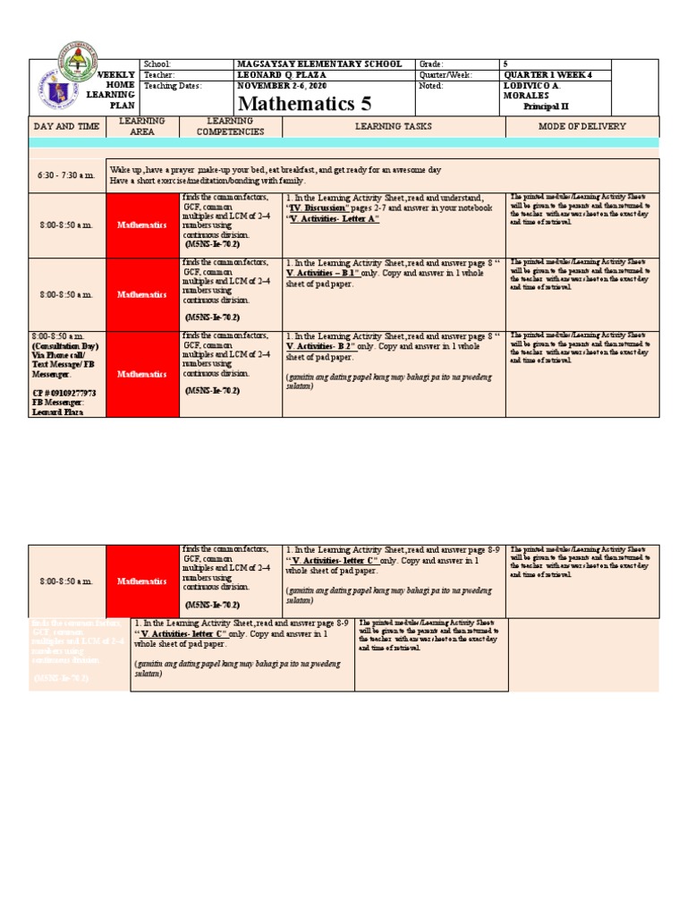 Grade 5 Weekly Learning Plan: Math | PDF | Behavior Modification ...