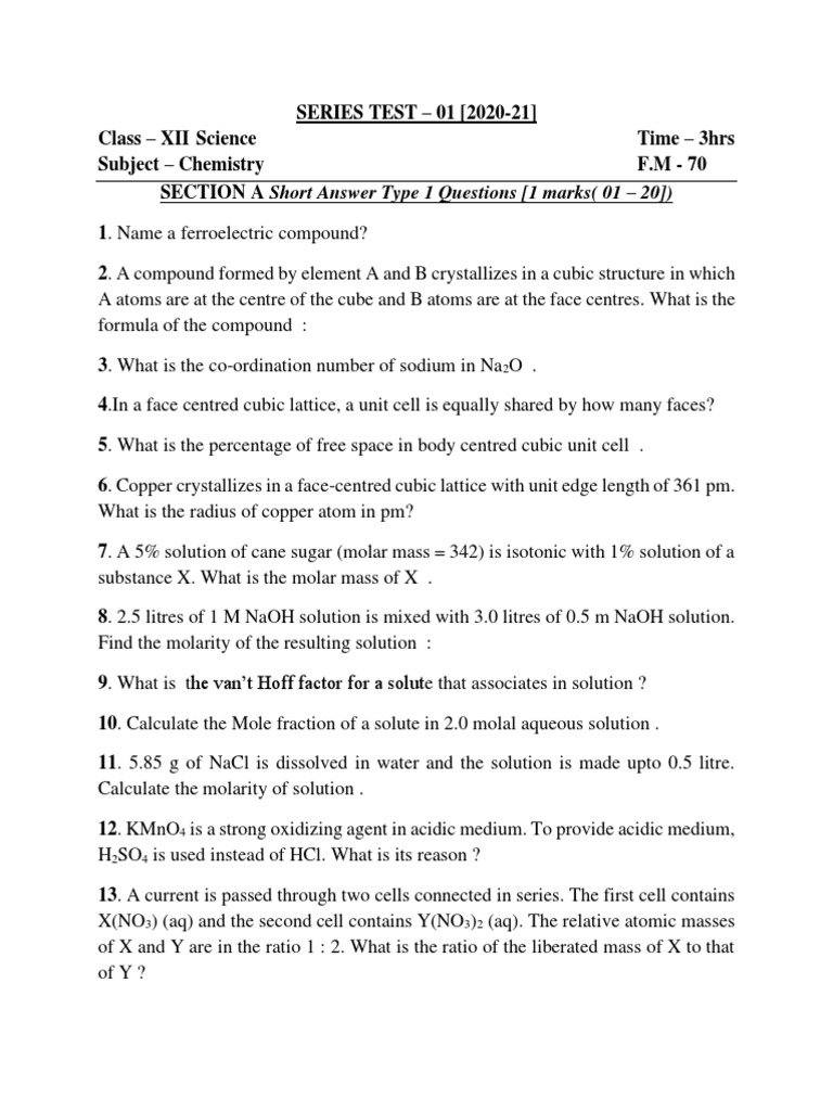 Class XII Chemistry Series Test 2020-21 | PDF | Solution | Crystal ...