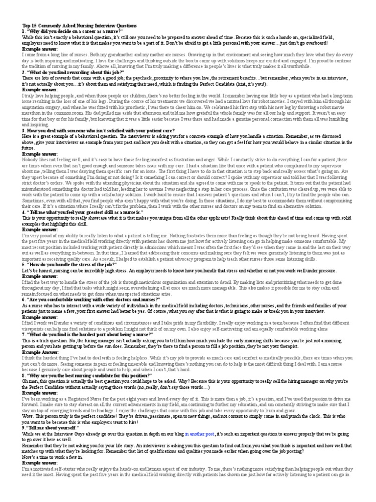 Top 15 Commonly Asked Nursing Interview Questions PDF Nursing Patient