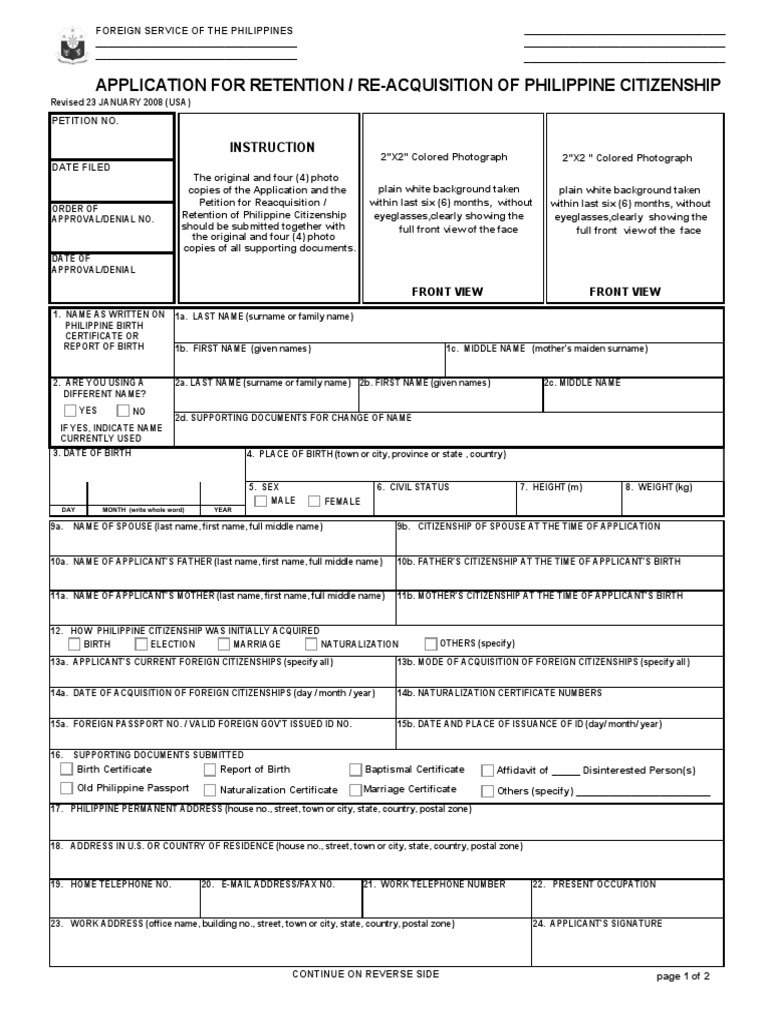 Application For Retention / Re-Acquisition of Philippine Citizenship ...