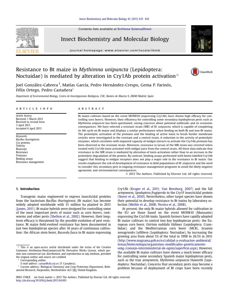 Resistance Mechanisms in Mythimna unipuncta to Bt Maize | PDF | Gel ...