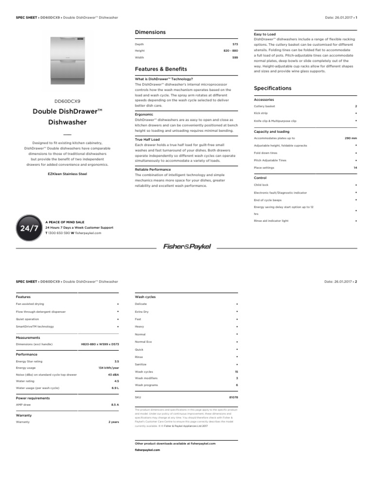 Fisher Paykel DD60DCX9 DishDrawer Double Dishwasher Specifications