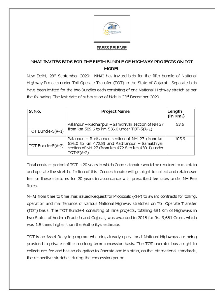 Nhai Invites Bids For The Fifth Bundle of Highway Projects On Tot Model ...