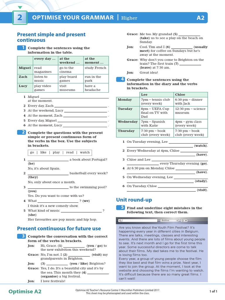 Optimise Your Grammar - A2: Present Simple and Present Continuous | PDF ...