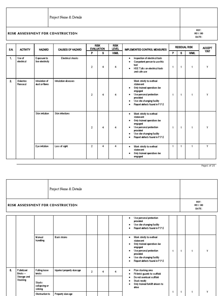 Construction Risk Assessment Template | PDF | Forklift | Risk