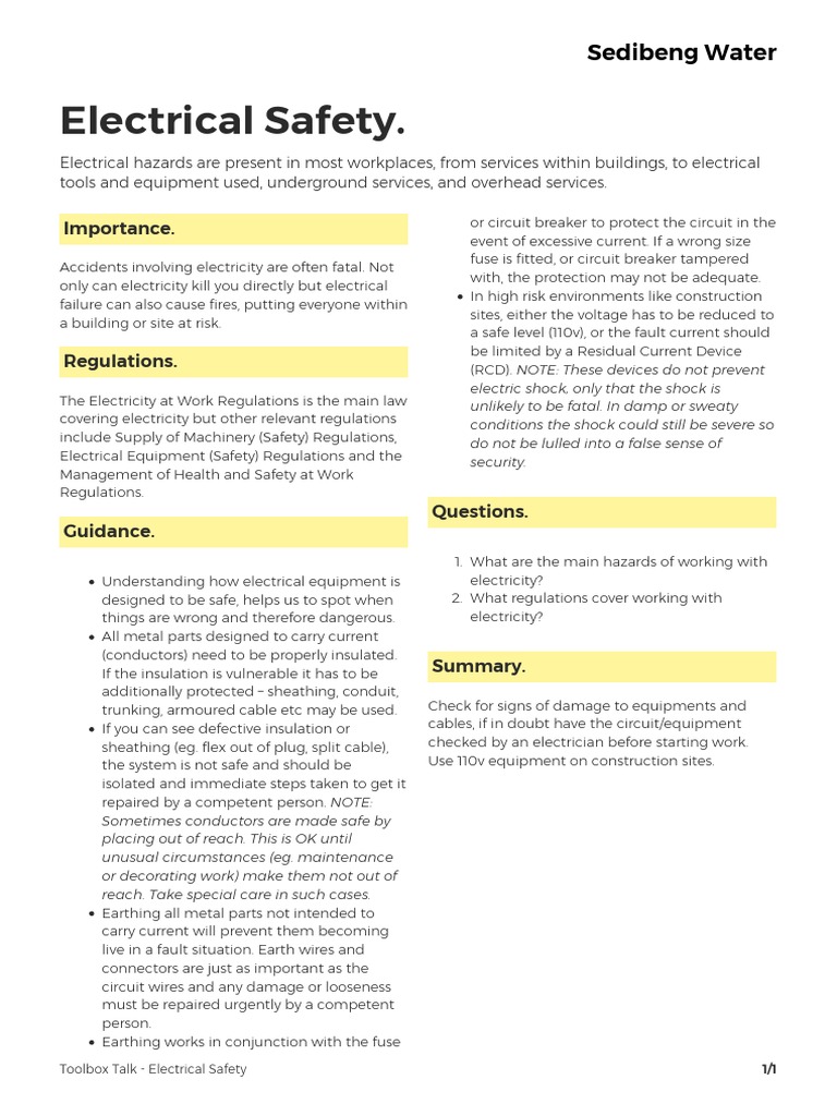 Toolbox TalkElectrical Safety PDF Insulator (Electricity) Prevention