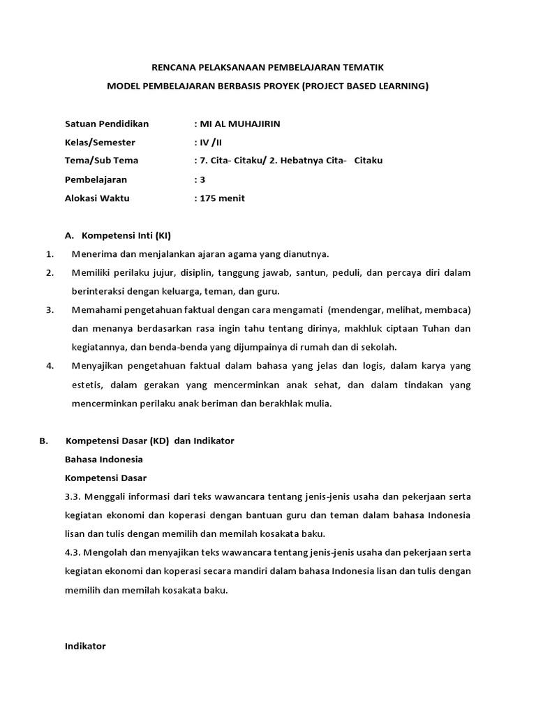 RPP Pembelajaran Proyek Cita-Cita SD | PDF