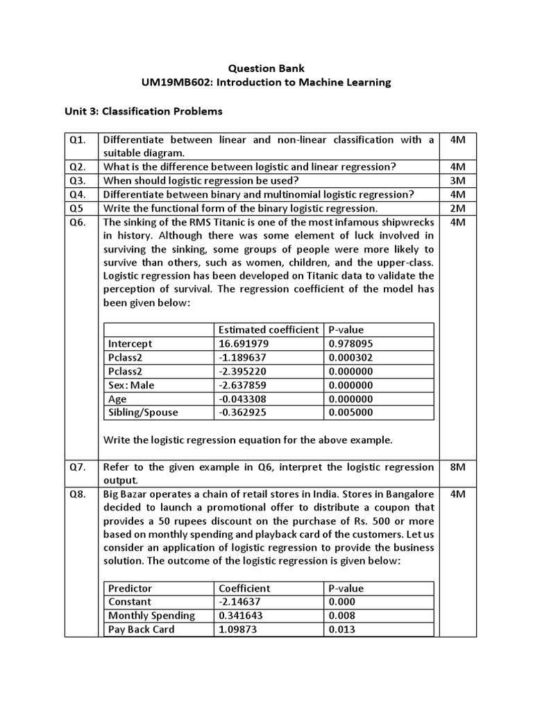 Question Bank UM19MB602: Introduction To Machine Learning Unit 3 ...