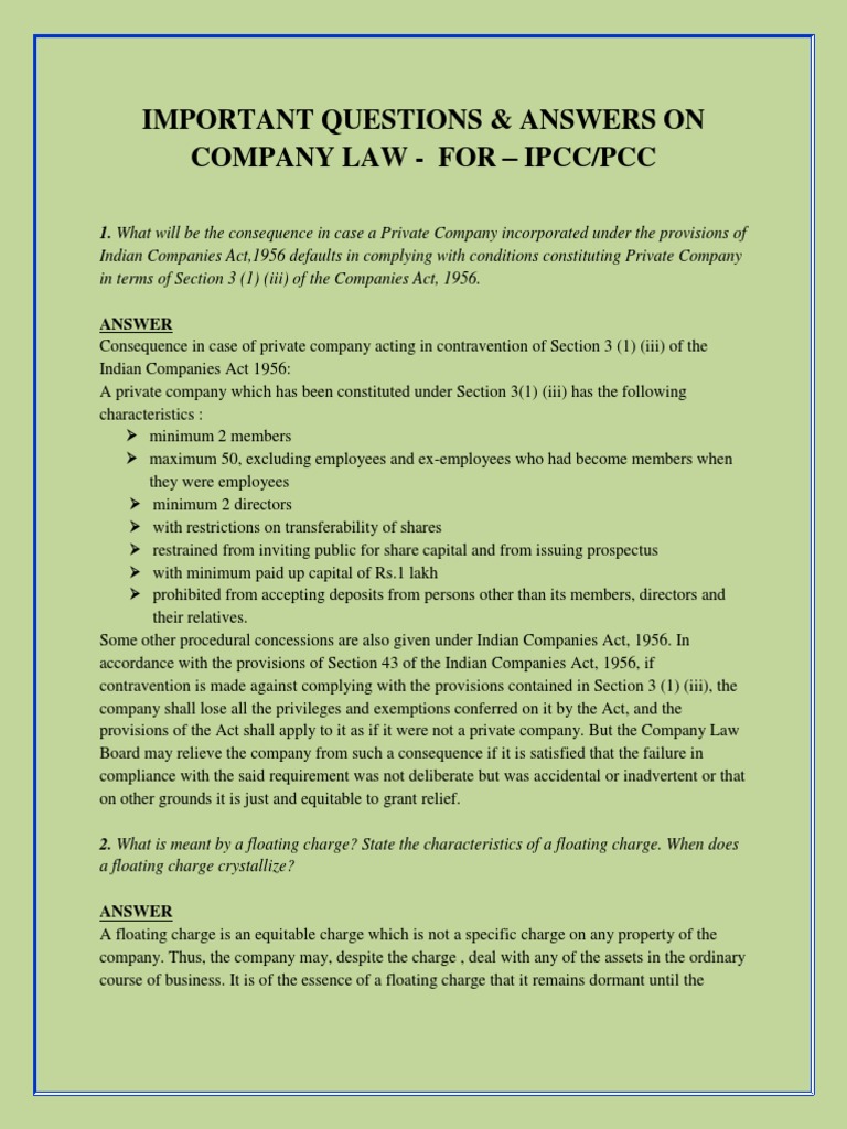 Understanding Key Concepts of Company Law A Detailed Examination of Private Companies, Floating