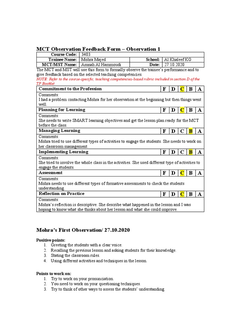 MCT Observation Feedback Form - Observation 1: Commitment To The ...