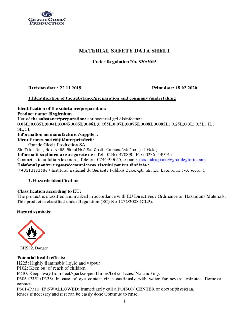 MSDS Hygienium Antibacterial Gel Disinfectant PDF Toxicity Dangerous Goods