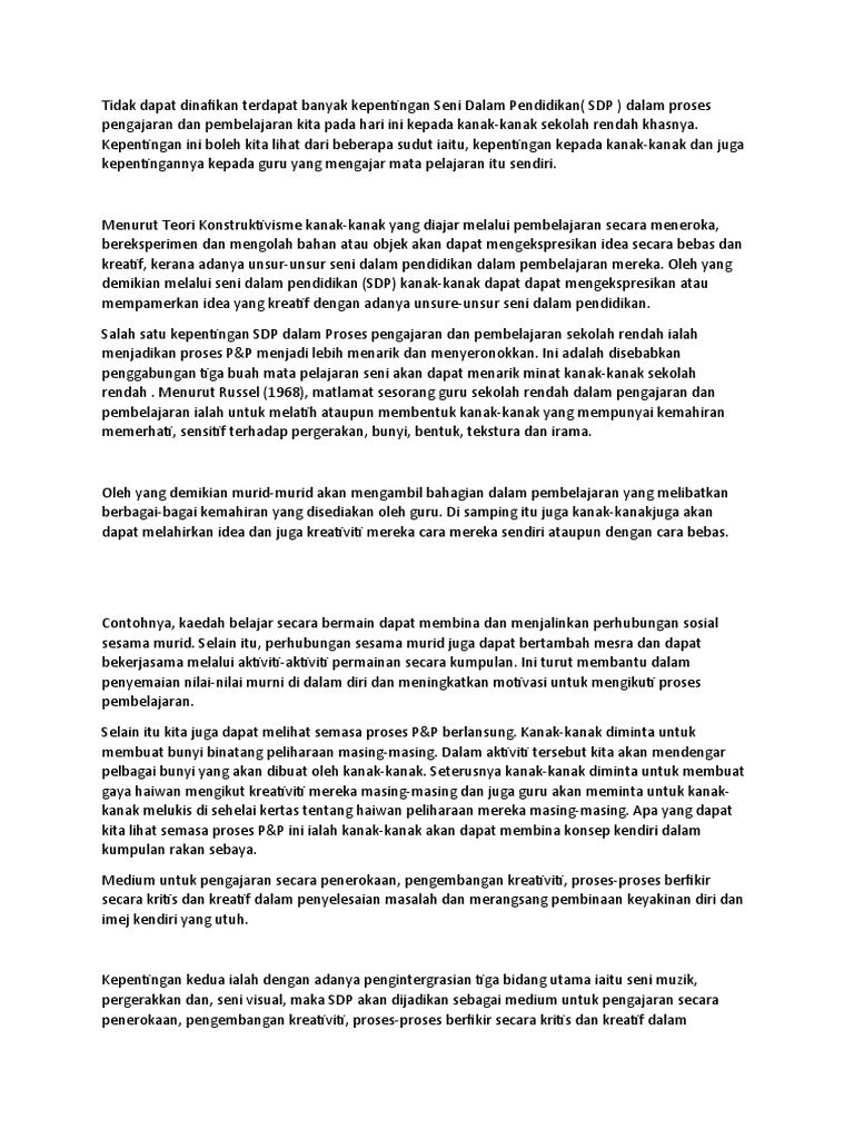 Tidak Dapat Dinafikan Terdapat Banyak Kepentingan Seni Dalam Pendidikan Pdf