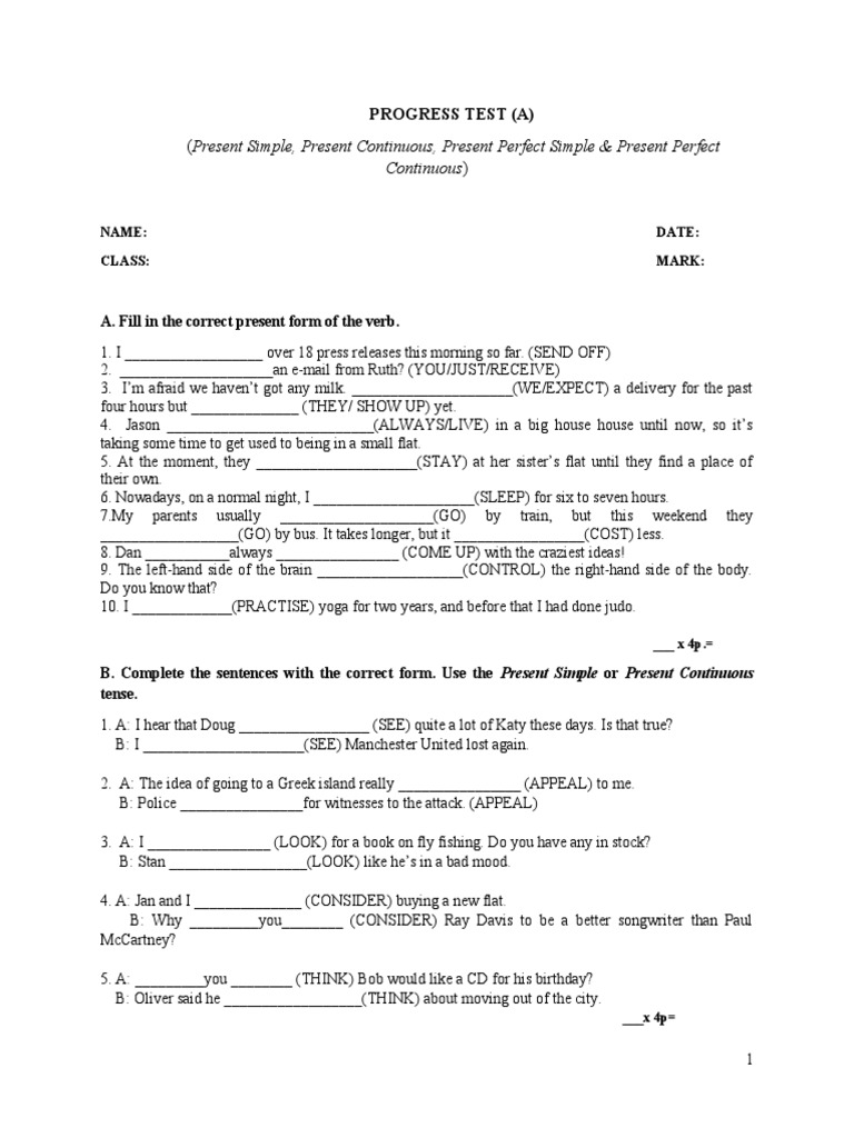 Present Tenses Progress Test | PDF | Morphology | Cognitive Science