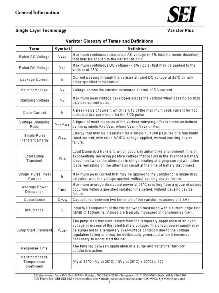 General Information Varistor Plus Single Layer Technology Varistor Glossary of Terms and