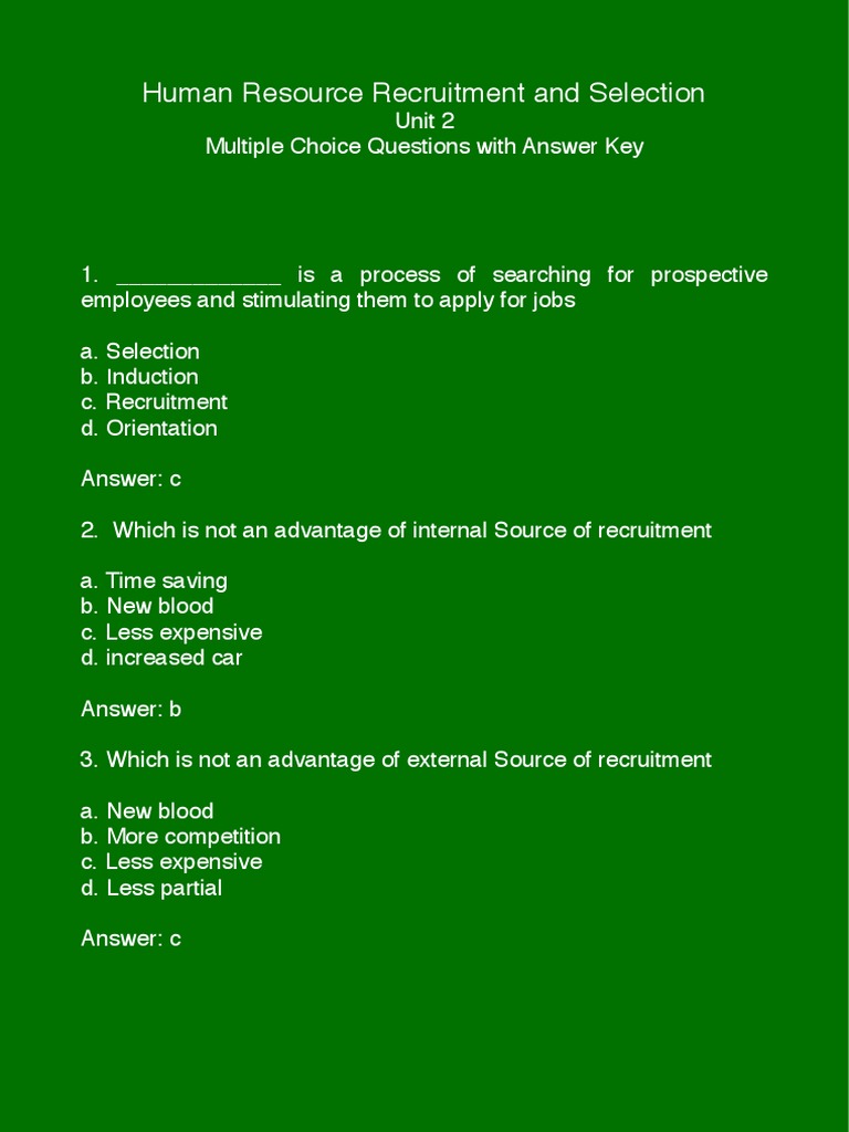 MCQs Unit 2 Human Resource Recruitment and Selection | PDF 