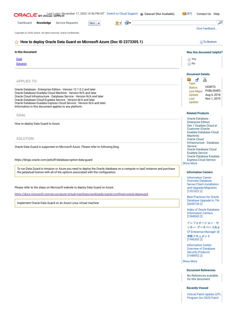 How To Deploy Oracle Data Guard On Microsoft Azure (Doc ID 2373305.1 ...