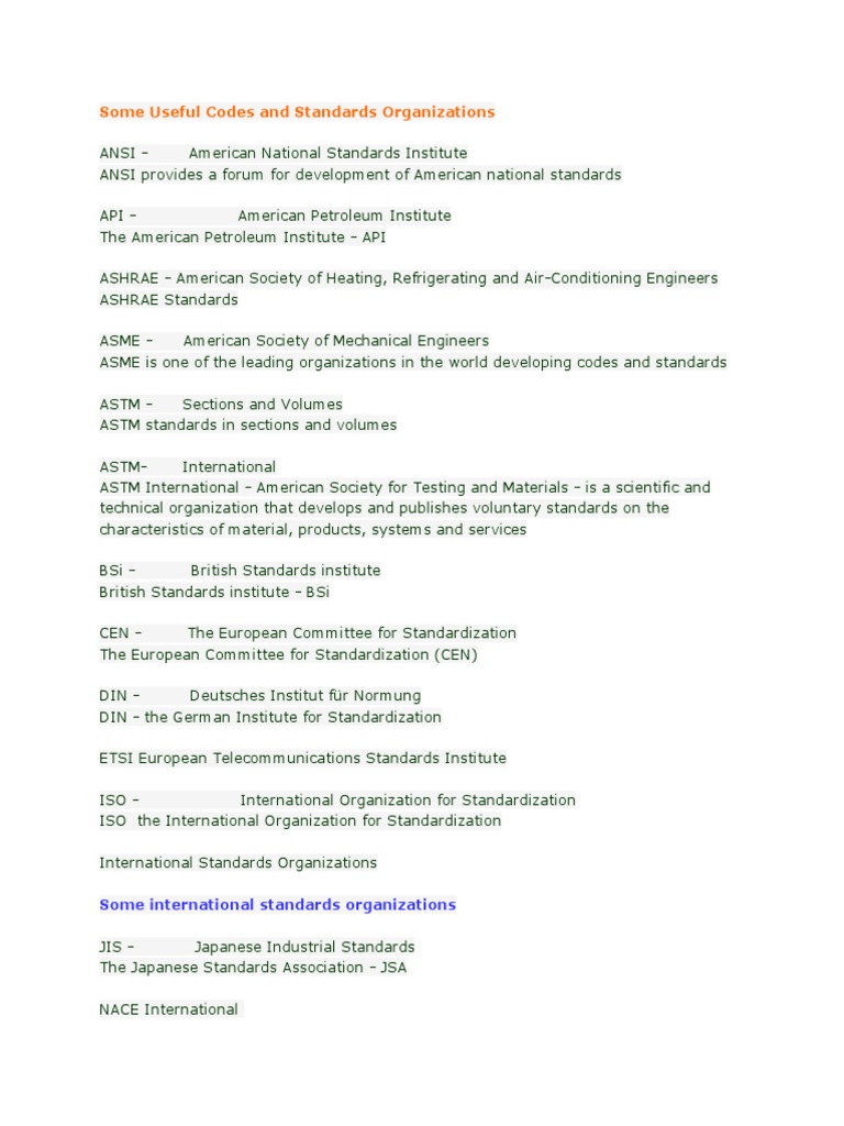 Key Standards Organizations Overview | PDF | Pipe (Fluid Conveyance ...