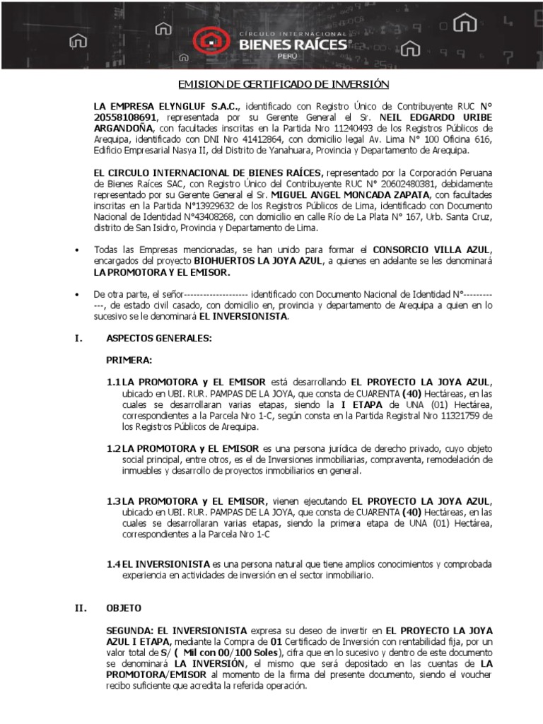 Formato Contrato de Certificado de Inversion Futura Compra - Villa Azul ...