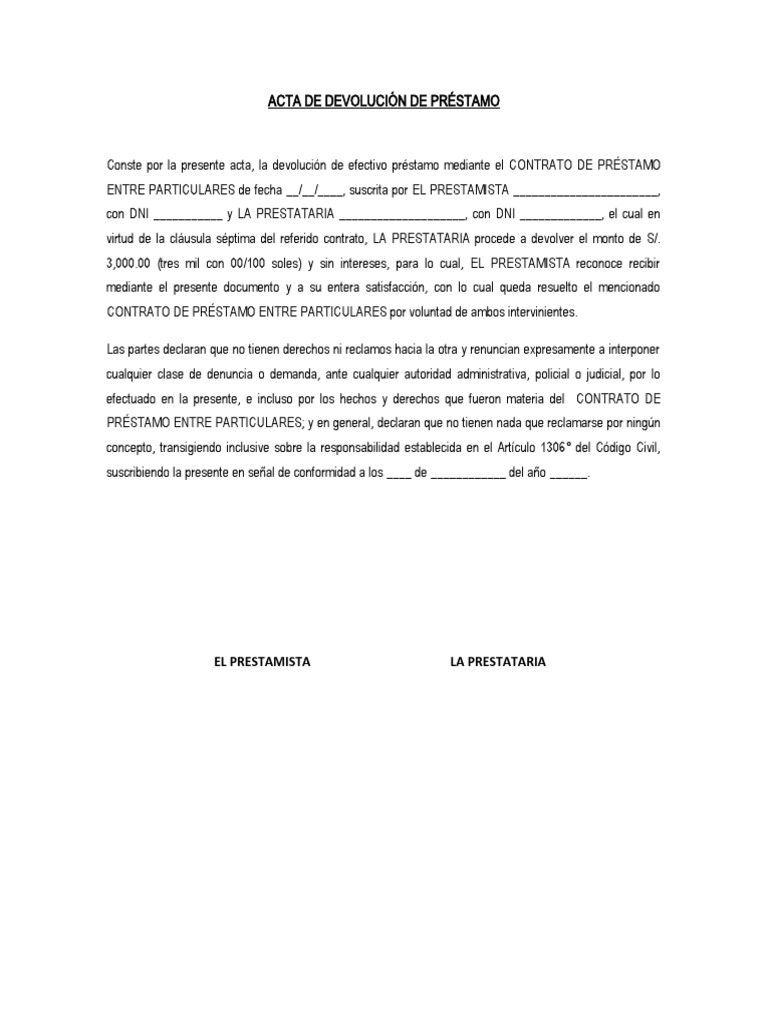 Acta de devoluci n de pr stamo pdf
