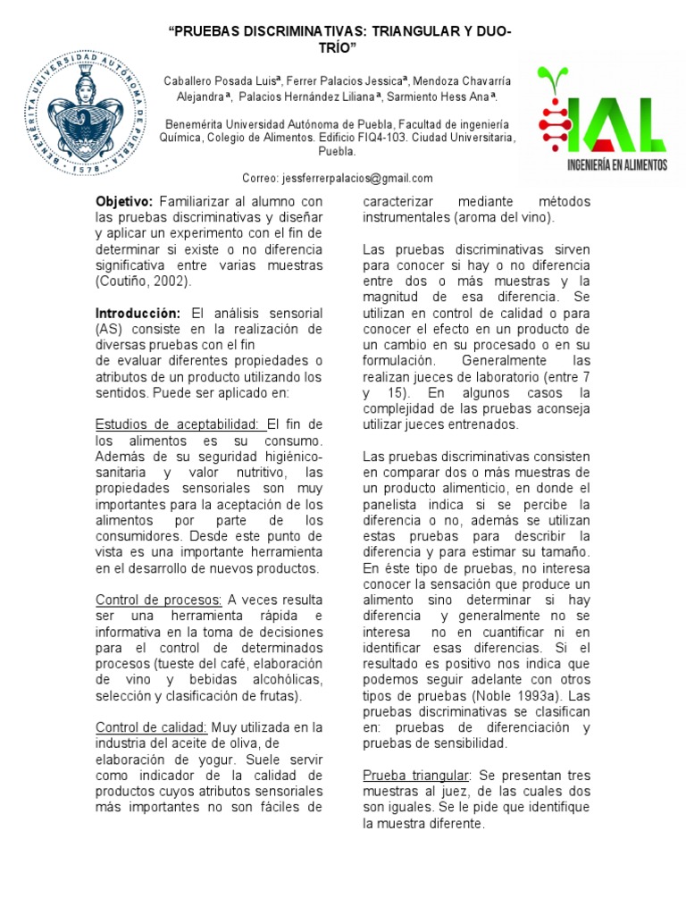 Pruebas Discriminativas Triangular y Duo Trío Resultados y P4 | PDF ...