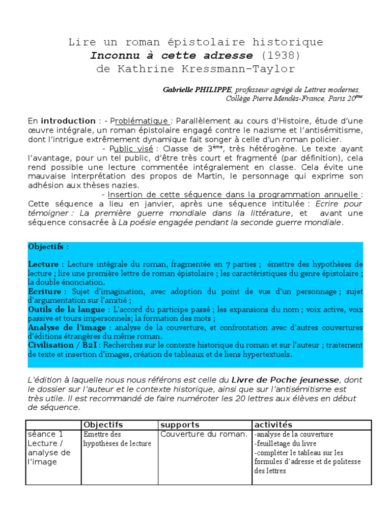 Inconnu à Cette Adresse Devoir 3ème Sq3eAc-Paris InconnuAcetteAdresse Avcopies | PDF | Sujet (Grammaire) |  Complément d'objet