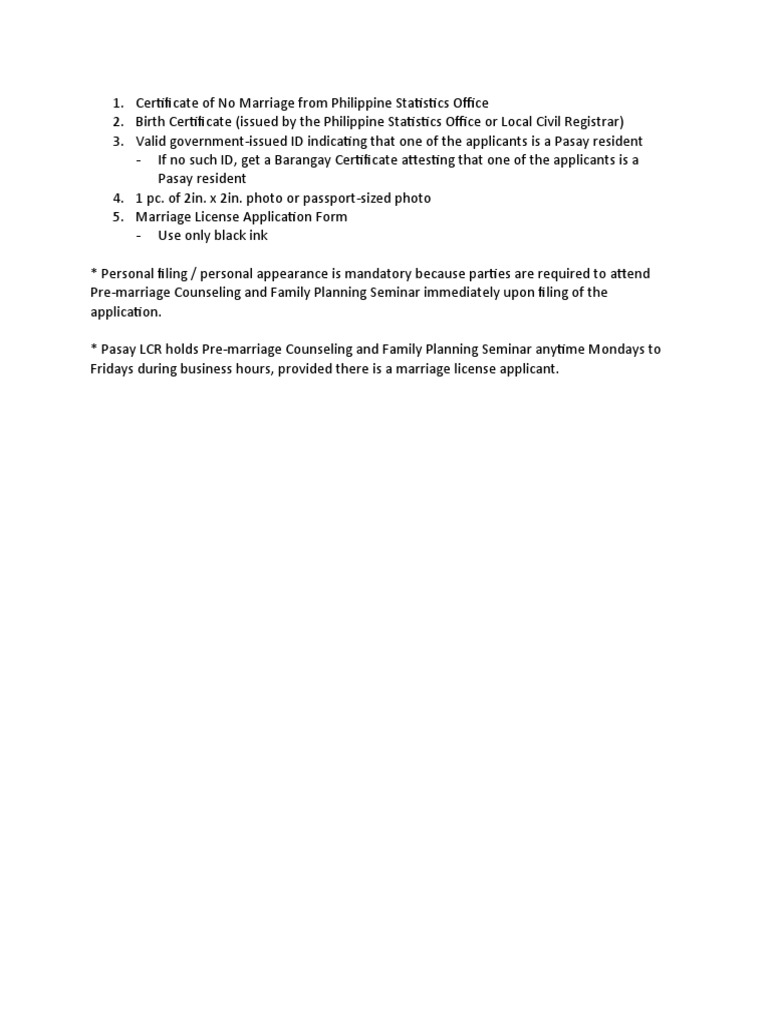 Pasay Marriage License Reqts | PDF