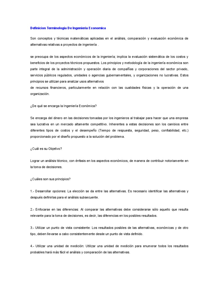 Definicion Terminologia De Ingenieria Economica