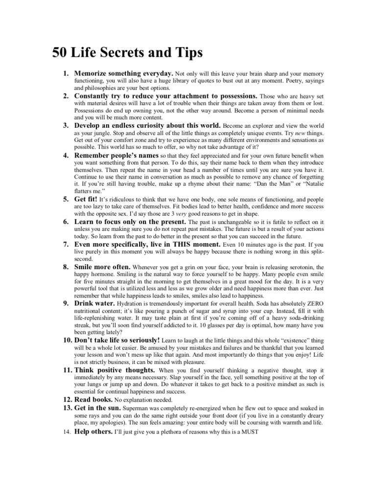 50 Life Secrets and Tips | PDF | Thought | Dream