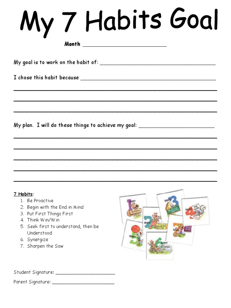 22 Habits Goal Worksheet  PDF With 7 Habits Worksheet Pdf
