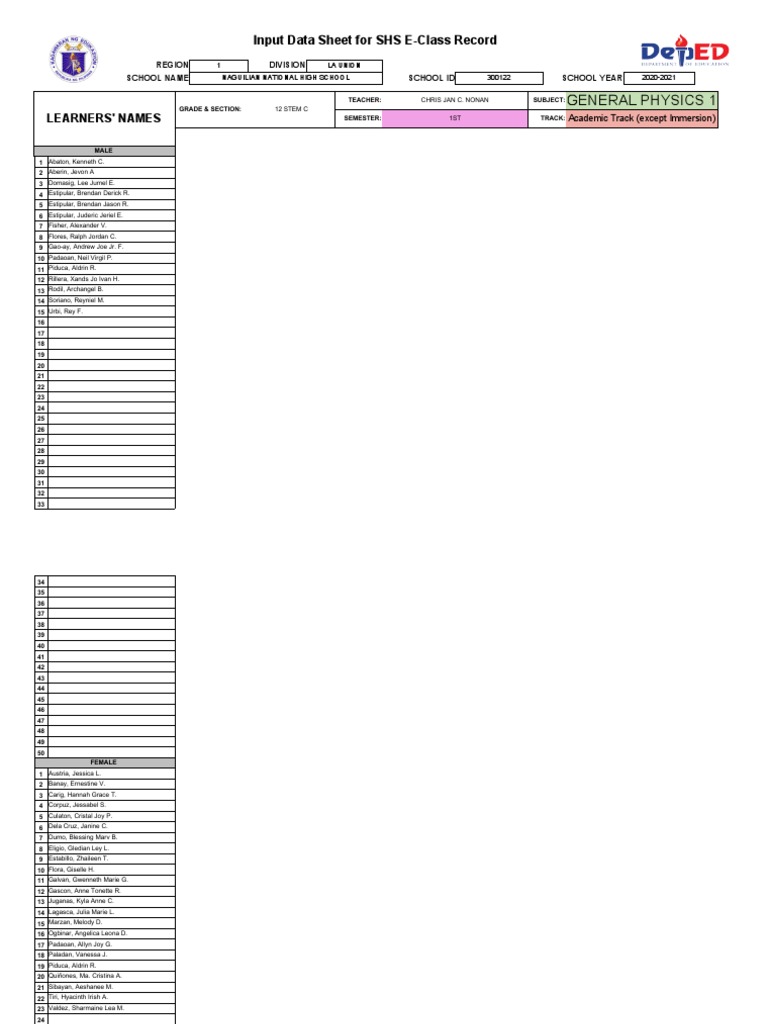 General physics 1 input data sheet for shs e class record pdf