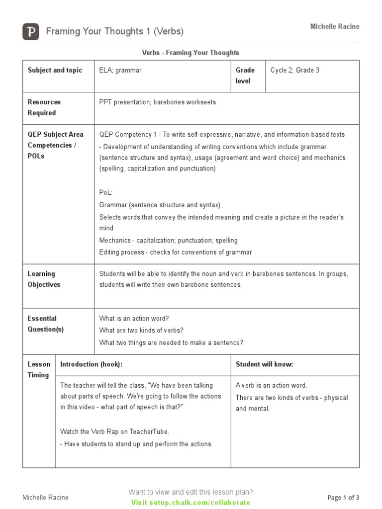 Framing Your Thoughts Verbs PDF Verb Sentence (Linguistics)