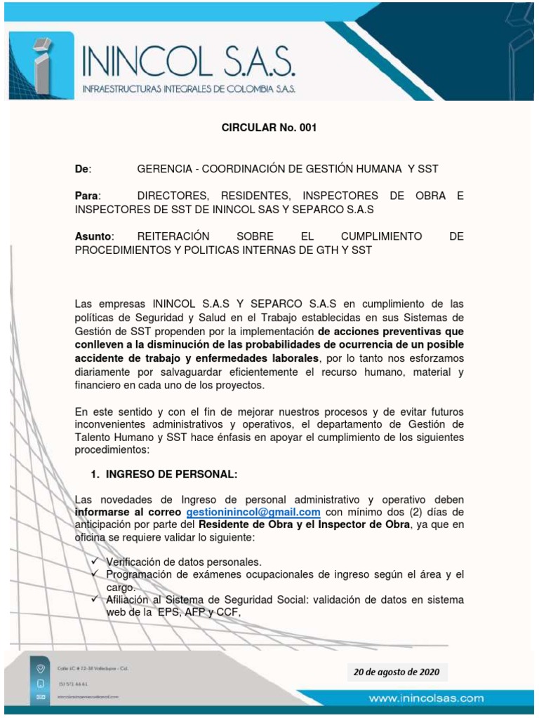 Circular Informativa Admin SST 001-082020 | PDF | Bienestar | Medicina