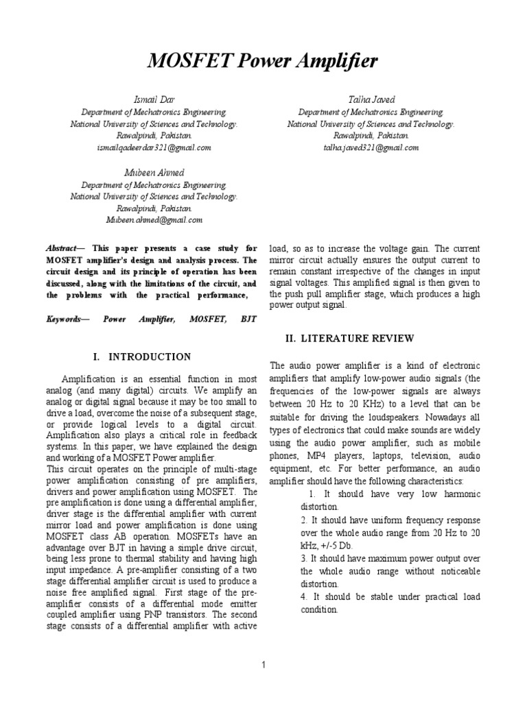 MOSFET Power Amplifier Design Study | PDF | Amplifier | Bipolar ...