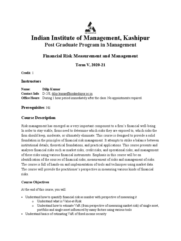 Financial Risk Management Course | PDF | Value At Risk | Risk