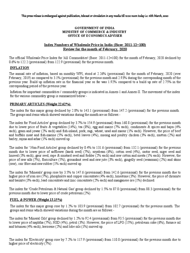 Index Numbers of Wholesale Price in India (Base 201112 100) Review