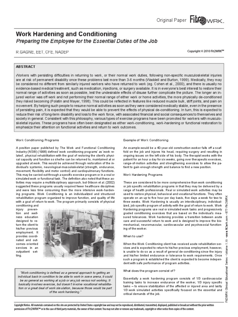 Work Hardening and Conditioning: Preparing The Employee For The ...