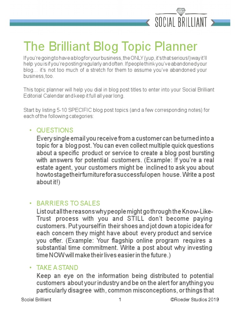 The Brilliant Blog Topic Planner: - Questions | PDF | Blog | Communication