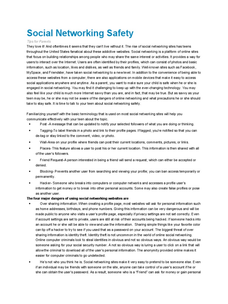 Social Networking Safety Tips For Parents PDF Social Networking