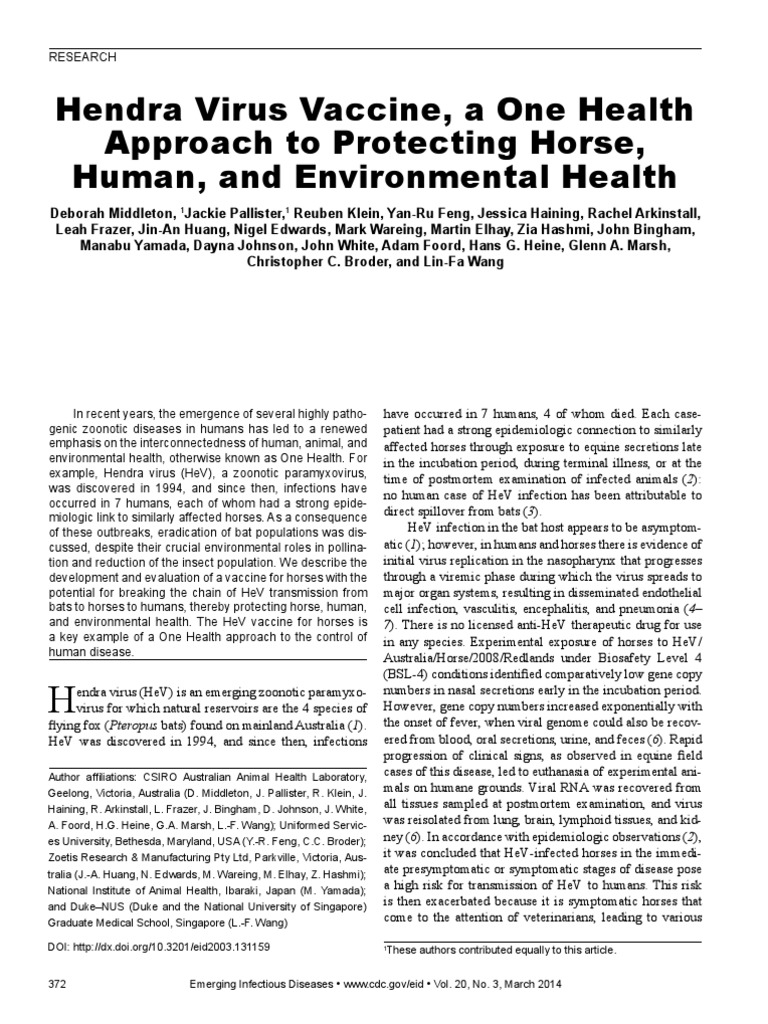Hendra Virus Vaccine, A One Health Approach To Protecting Horse, Human ...