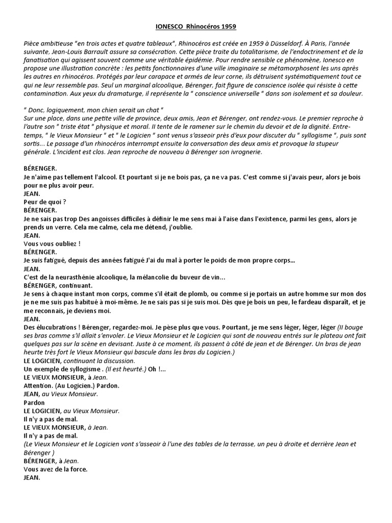 IONESCO Rhinocéros 1959  Littérature en langue française  Littérature