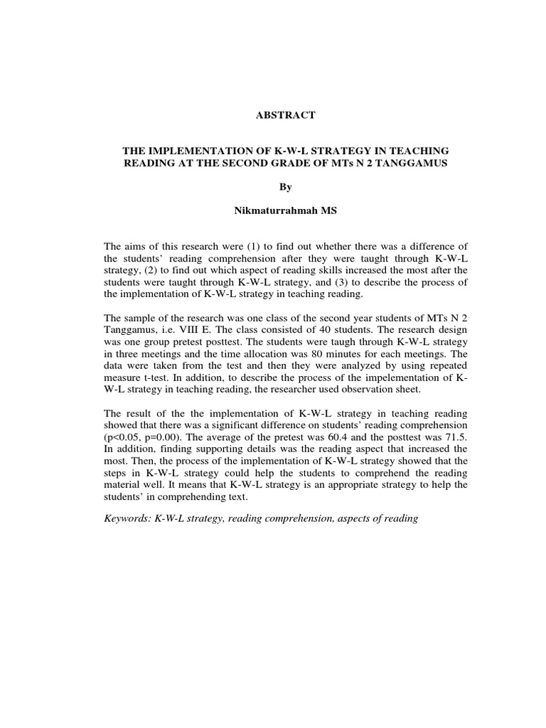 Keywords KWL Strategy, Reading Comprehension, Aspects of Reading PDF Reading