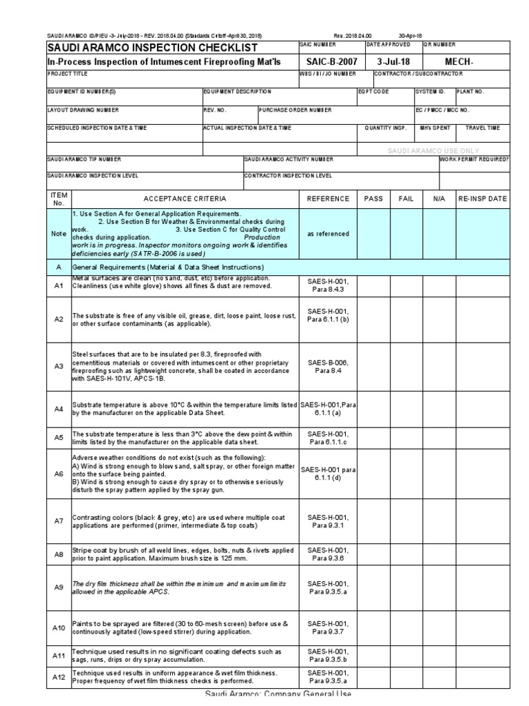 Saudi Aramco Inspection Checklist: In-Process Inspection of Intumescent ...