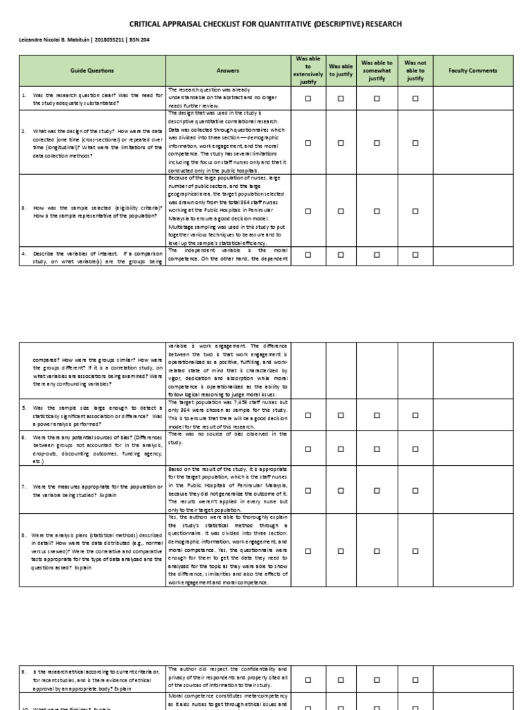 Critical Appraisal Checklist For Quantitative (Descriptive) Research ...