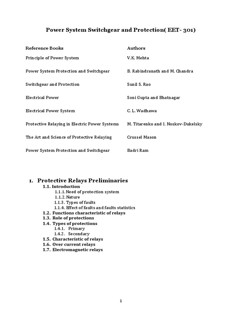 Power System Switchgear and Protection (EET301) Reference Books