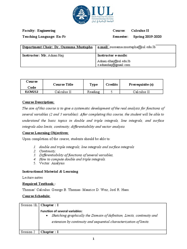 Calculus II Syllabus - Spring 2020 | PDF | Integral | Gradient