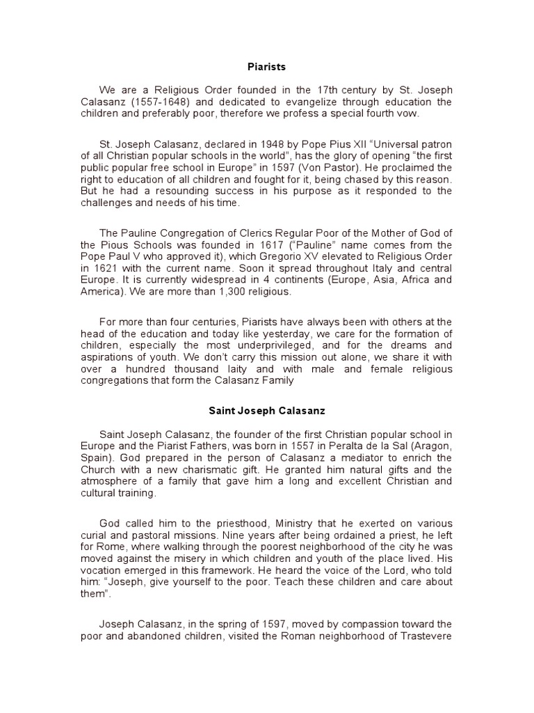 Piarists: A Legacy of Education and Faith | PDF | Catholic Church ...